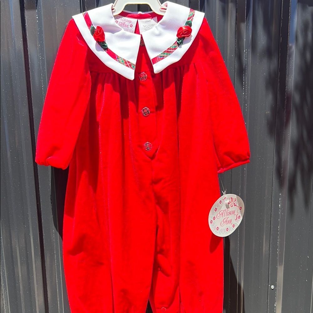 Allison Ann Vintage Christmas Red Velvet Baby Romper White Peter Pan Collar 18M - Picture 7 of 11